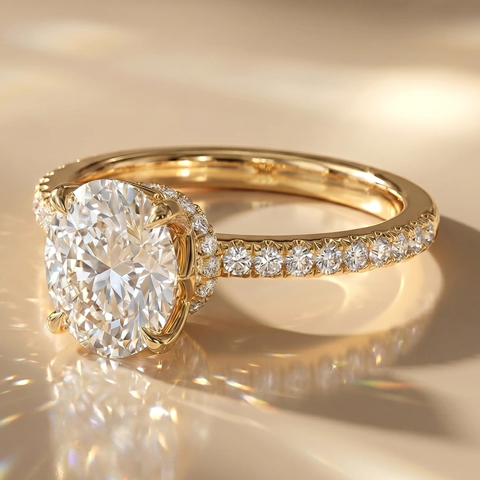 Hidden halo oval engagement ring